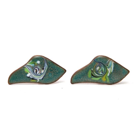 Vintage Copper Plated Enamelled Cuff Links Green Swirl 1963 Marked Casual Party - Picture 3 of 10